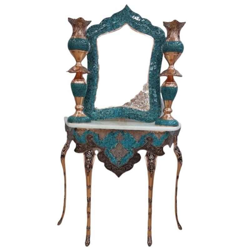 ست 4 تکه آینه شمعدان و کنسول فیروزه کوبی مدل قلمزنی کد 143